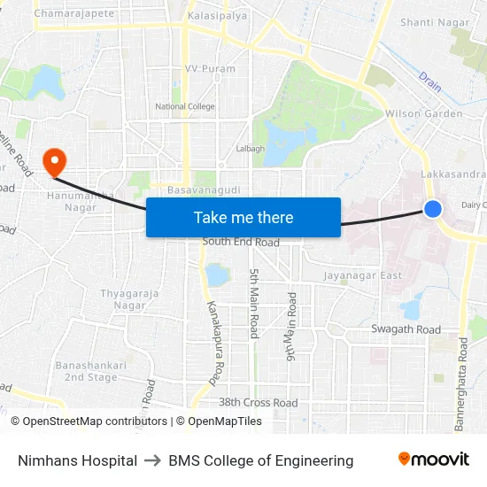Nimhans Hospital to BMS College of Engineering map