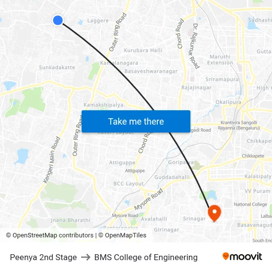 Peenya 2nd Stage to BMS College of Engineering map