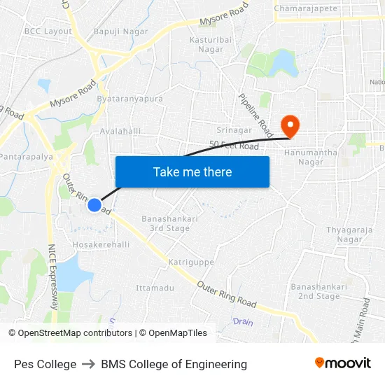Pes College to BMS College of Engineering map