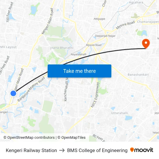 Kengeri Railway Station to BMS College of Engineering map