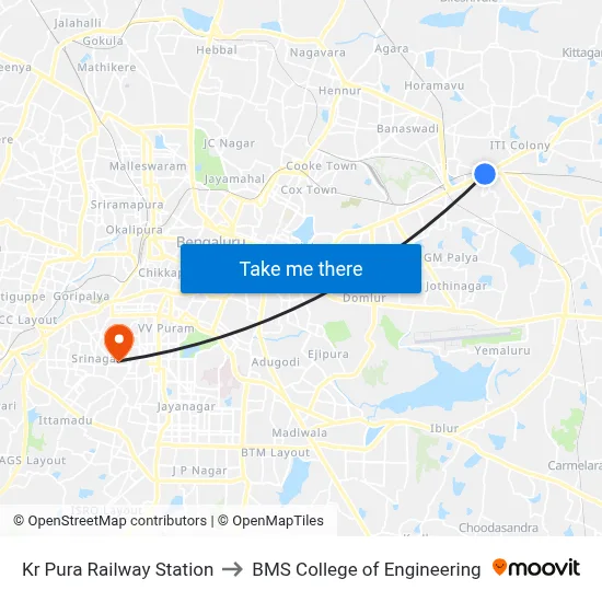 Kr Pura Railway Station to BMS College of Engineering map