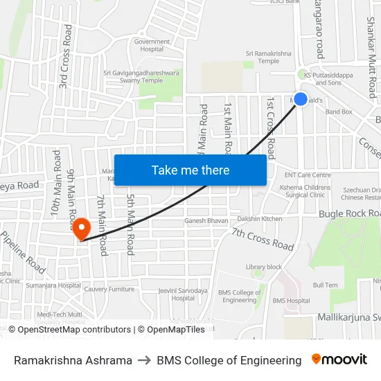 Ramakrishna Ashrama to BMS College of Engineering map