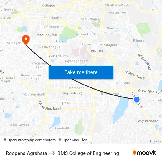 Roopena Agrahara to BMS College of Engineering map