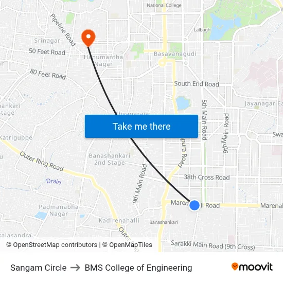 Sangam Circle to BMS College of Engineering map