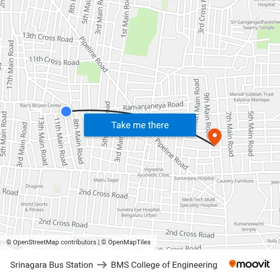 Srinagara Bus Station to BMS College of Engineering map