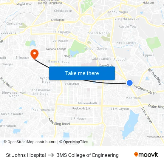 St Johns Hospital to BMS College of Engineering map