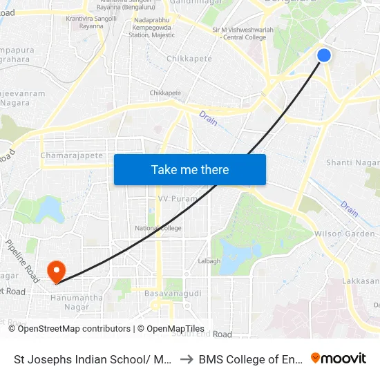St Josephs Indian School/ Malya Hospital to BMS College of Engineering map