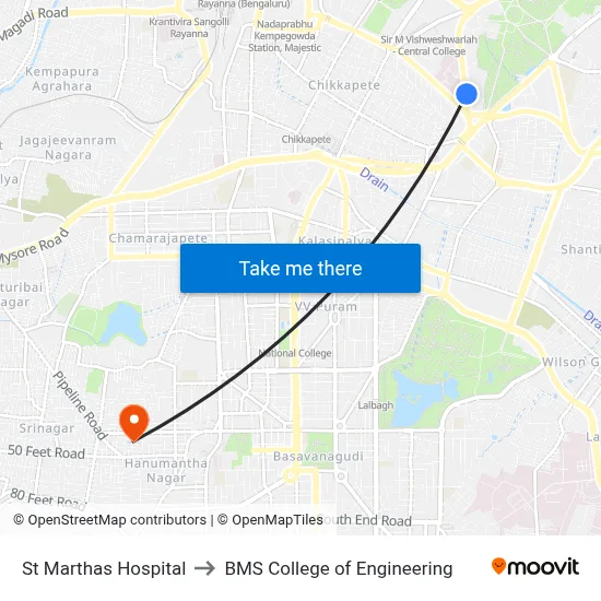 St Marthas Hospital to BMS College of Engineering map