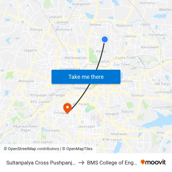 Sultanpalya Cross Pushpanjali Talkies to BMS College of Engineering map