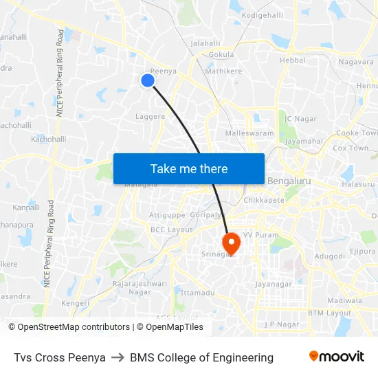 Tvs Cross Peenya to BMS College of Engineering map