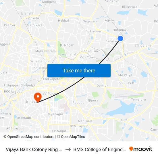 Vijaya Bank Colony Ring Road to BMS College of Engineering map