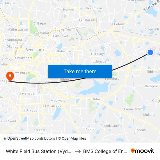 White Field Bus Station (Vydehi Hospital) to BMS College of Engineering map
