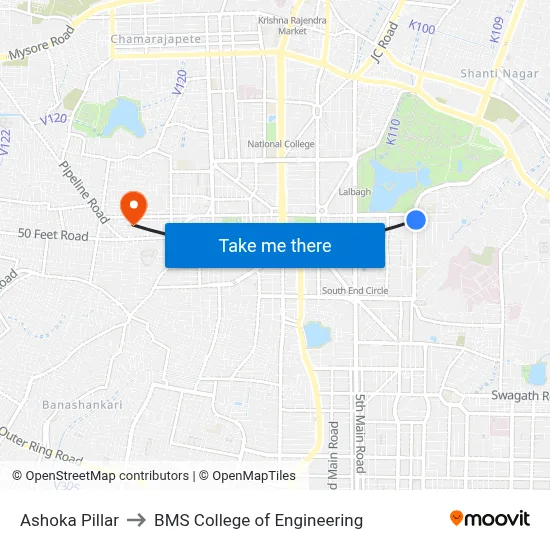 Ashoka Pillar to BMS College of Engineering map