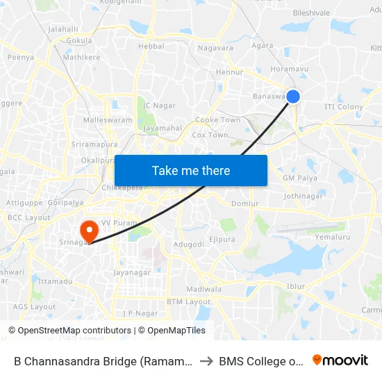 B Channasandra Bridge (Ramamurthy Nagara Ring Road) to BMS College of Engineering map