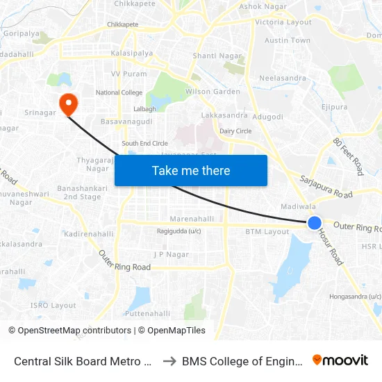 Central Silk Board Metro Station to BMS College of Engineering map