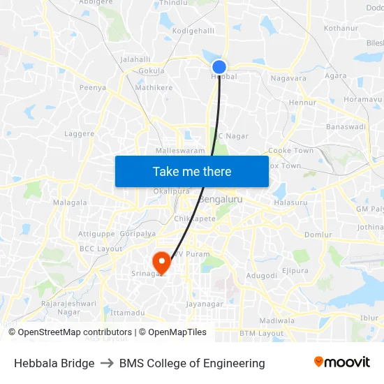 Hebbala Bridge to BMS College of Engineering map
