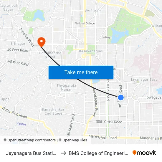 Jayanagara Bus Station to BMS College of Engineering map