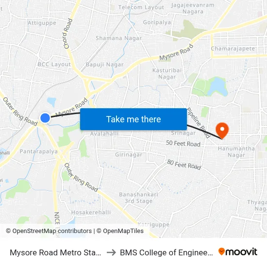 Mysore Road Metro Station to BMS College of Engineering map