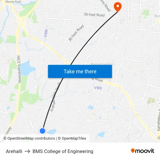 Arehalli to BMS College of Engineering map