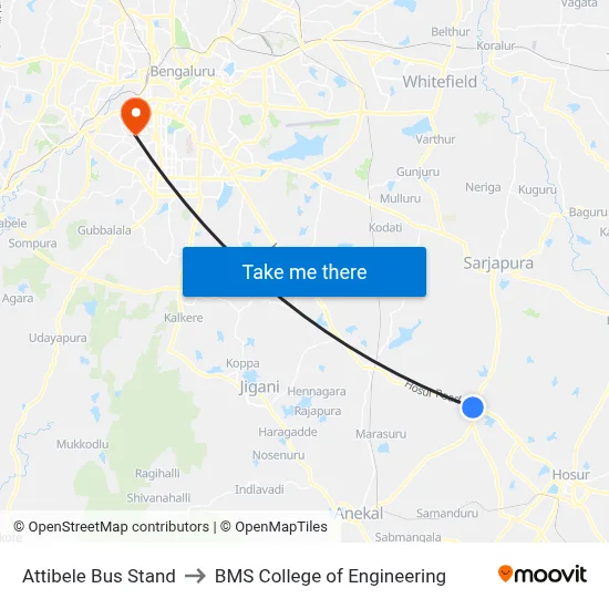 Attibele Bus Stand to BMS College of Engineering map