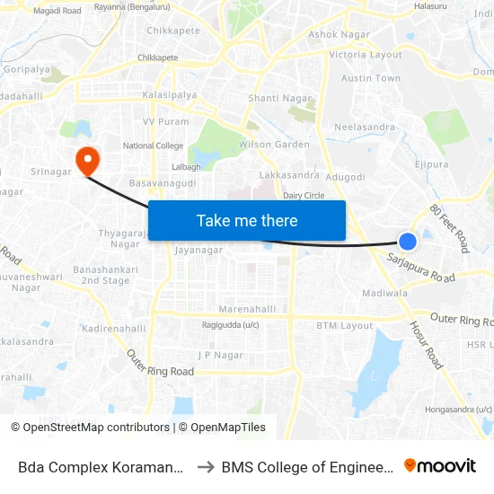 Bda Complex Koramangala to BMS College of Engineering map