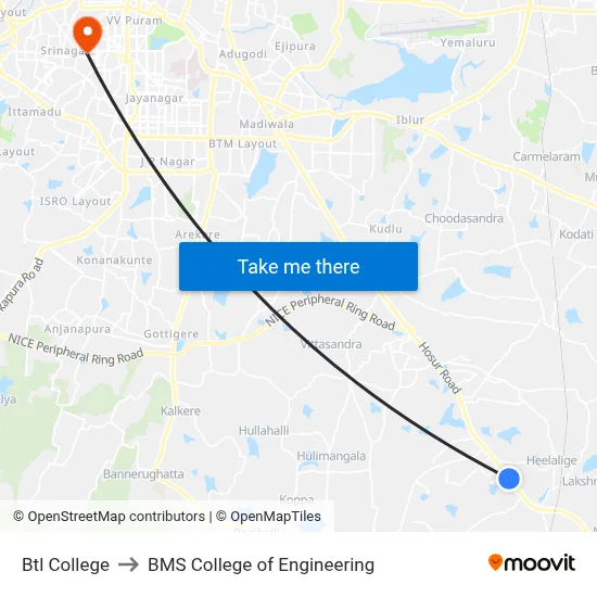 Btl College to BMS College of Engineering map
