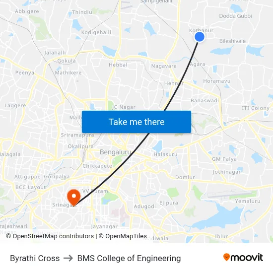 Byrathi Cross to BMS College of Engineering map