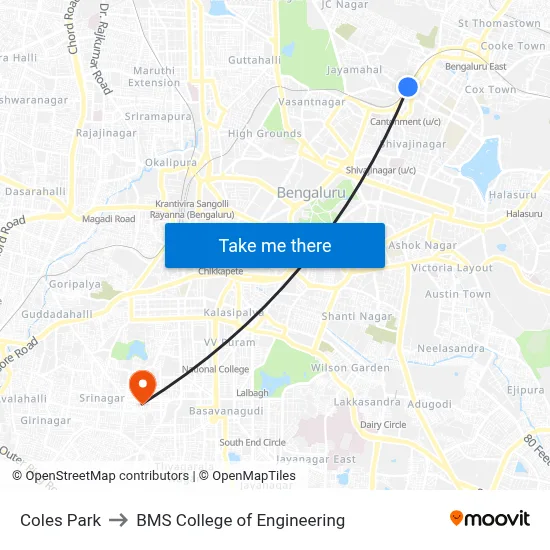 Coles Park to BMS College of Engineering map