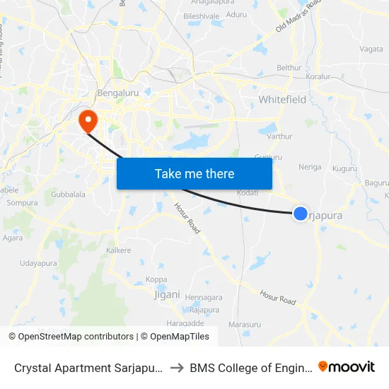 Crystal Apartment Sarjapura Road to BMS College of Engineering map