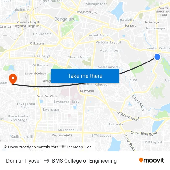 Domlur Flyover to BMS College of Engineering map