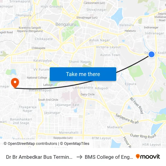 Dr Br Ambedkar Bus Terminal (Domlur) to BMS College of Engineering map