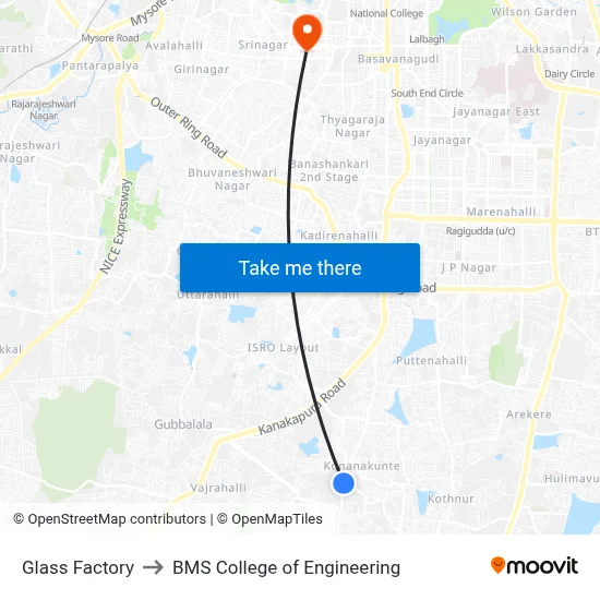 Glass Factory to BMS College of Engineering map