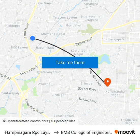 Hampinagara Rpc Layout to BMS College of Engineering map