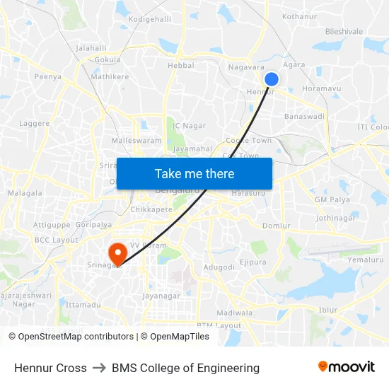 Hennur Cross to BMS College of Engineering map