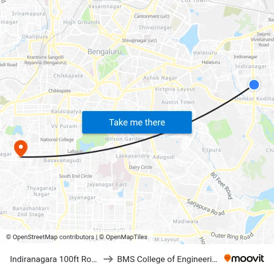 Indiranagara 100ft Road to BMS College of Engineering map