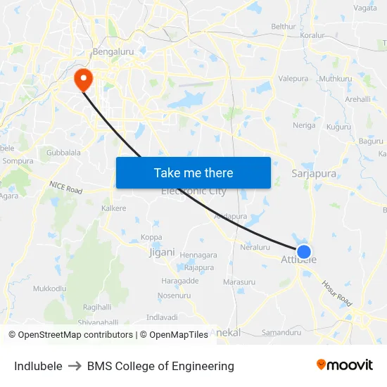 Indlubele to BMS College of Engineering map