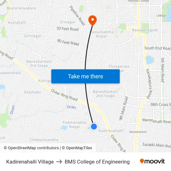 Kadirenahalli Village to BMS College of Engineering map