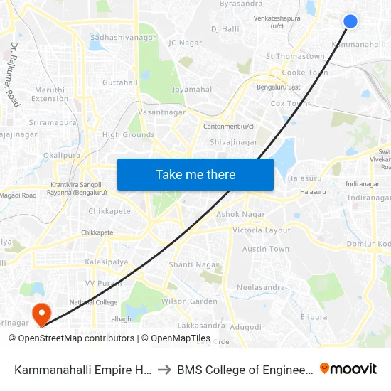 Kammanahalli Empire Hotel to BMS College of Engineering map