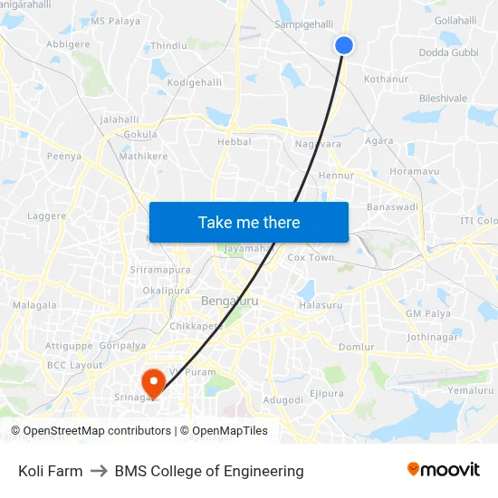 Koli Farm to BMS College of Engineering map
