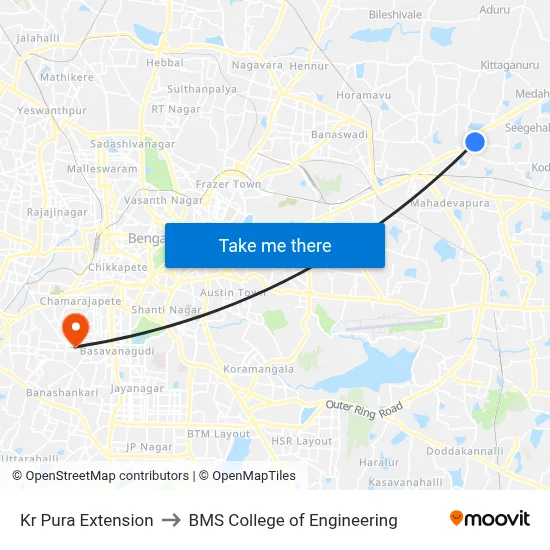Kr Pura Extension to BMS College of Engineering map