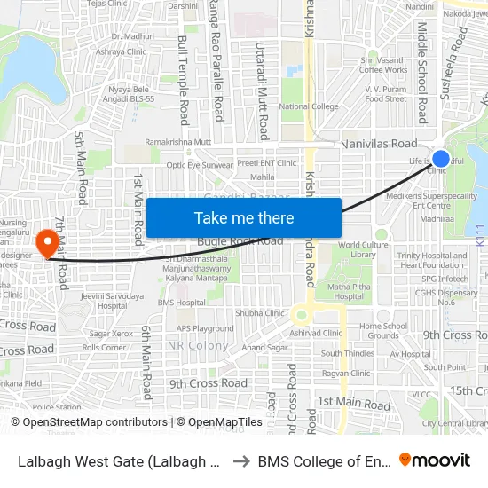 Lalbagh West Gate (Lalbagh Metro Station) to BMS College of Engineering map
