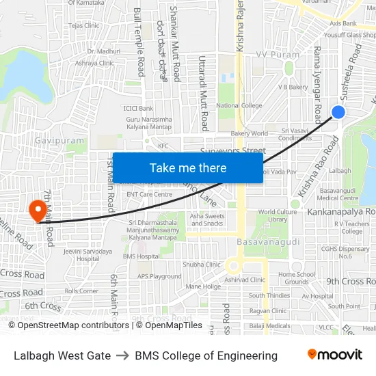 Lalbagh West Gate to BMS College of Engineering map