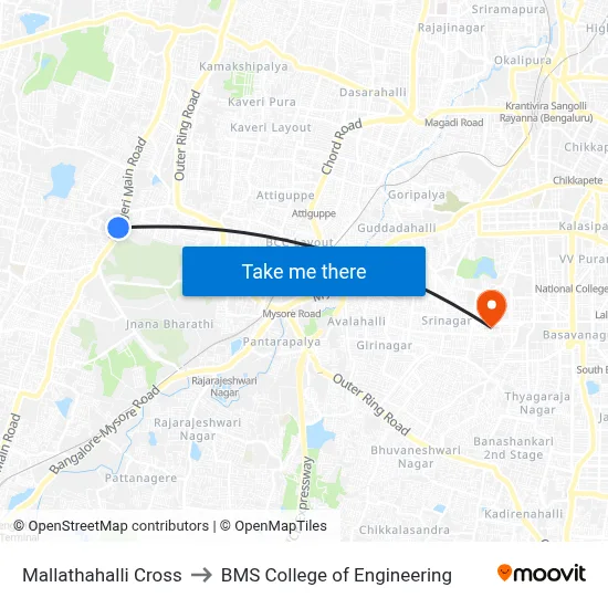 Mallathahalli Cross to BMS College of Engineering map
