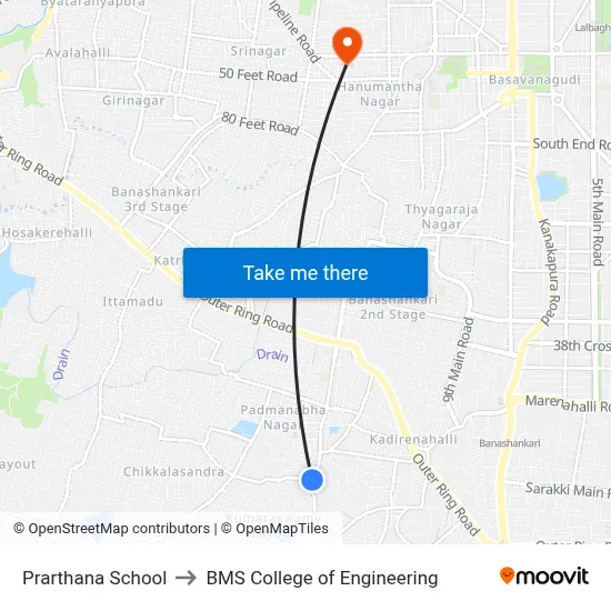Prarthana School to BMS College of Engineering map