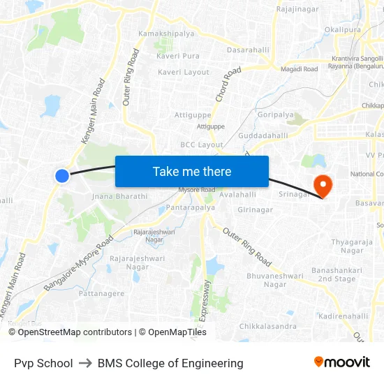 Pvp School to BMS College of Engineering map