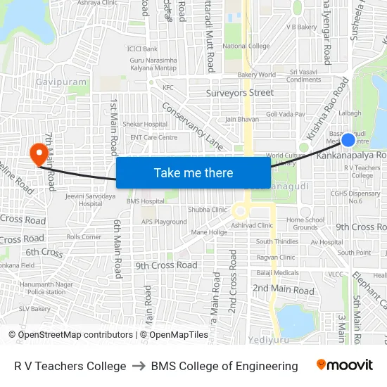 R V Teachers College to BMS College of Engineering map