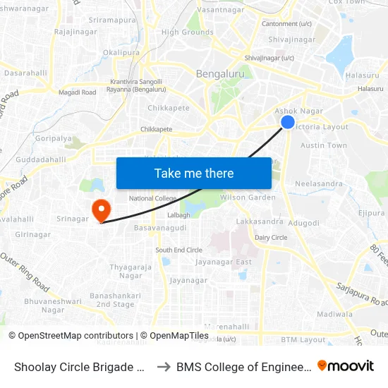 Shoolay Circle Brigade Road to BMS College of Engineering map