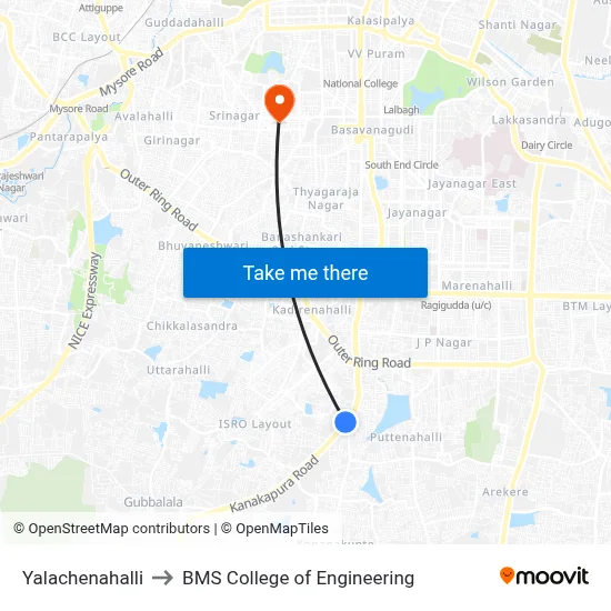 Yalachenahalli to BMS College of Engineering map