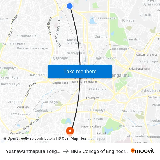 Yeshawanthapura Tollgate to BMS College of Engineering map