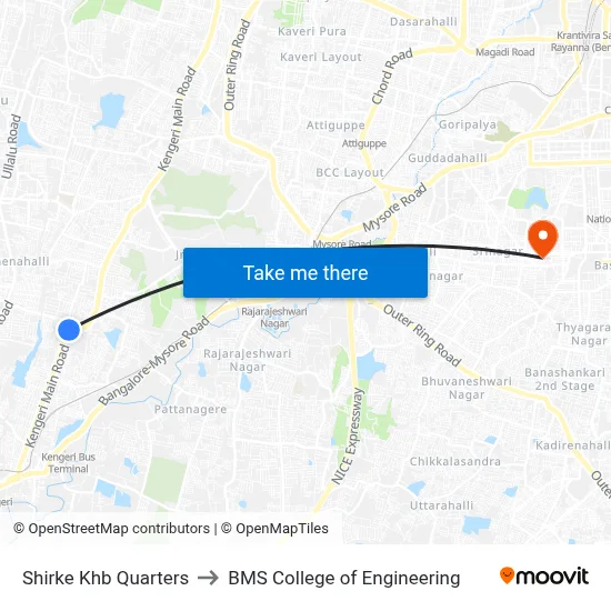 Shirke Khb Quarters to BMS College of Engineering map